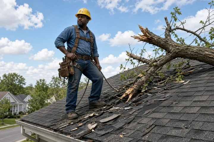 Roofer in a hard hat standing on a roof damaged by a fallen tree