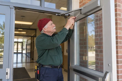 Maintenance worker adjusting the closer on a school entry door